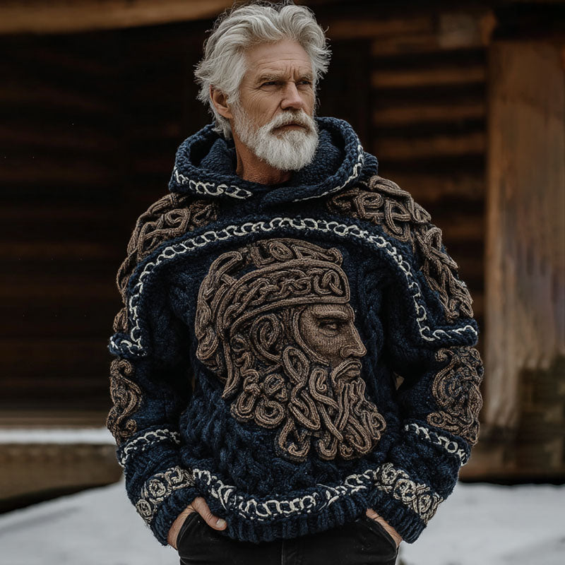 Comstylish Men's Vintage Viking Warrior Ivar The Boneless Art Pattern Casual Cozy Knit Hooded Sweater