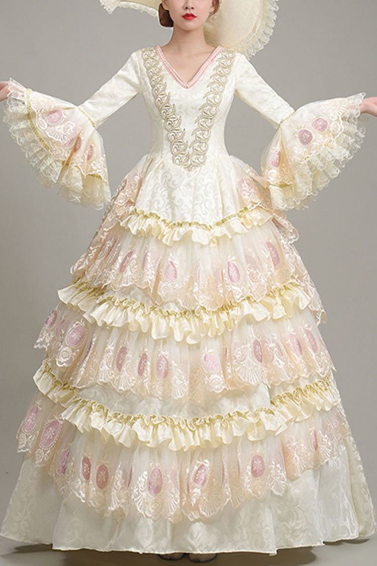 Beige Hime Sleeves High Waisted Lace Stitching Hollow Floral Print Ruffled Multi-Layer Victorian Lolita Prom Tiered Dress