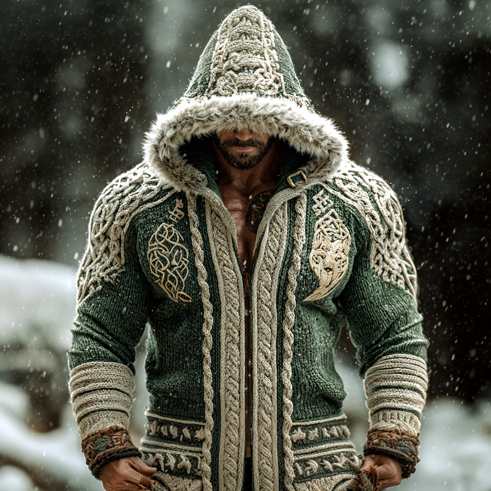Wildwear Men's Retro Viking Wolf Embroidered Print Hooded Jacket