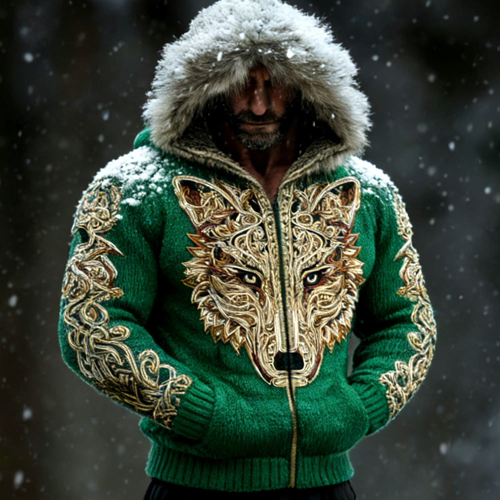 Wildwear Men's Retro Viking Wolf Embroidered Print Hooded Jacket