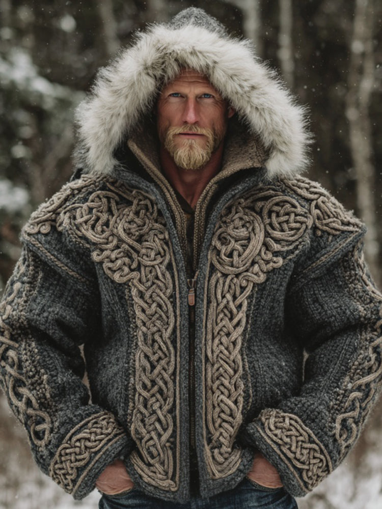 Comstylish Men's Vintage Viking Celtic Knot Cozy Fur Knit Hooded Cardigan