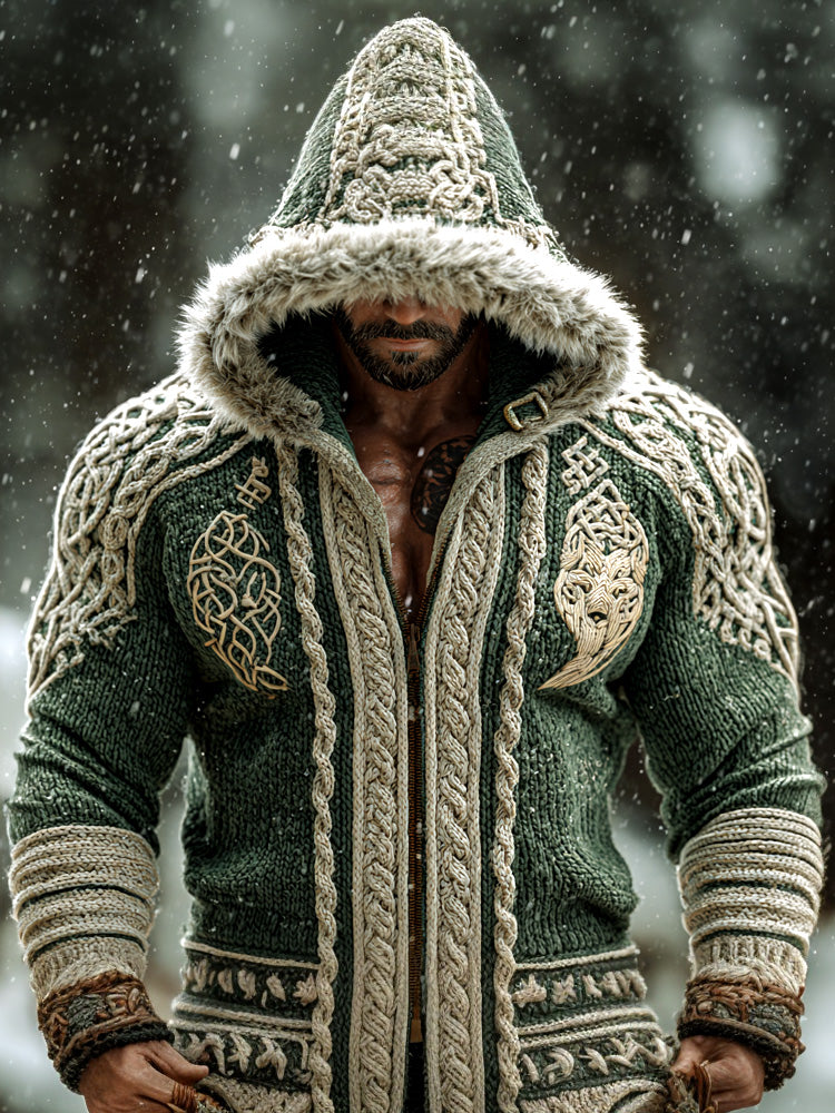 Wildwear Men's Retro Viking Wolf Embroidered Print Hooded Jacket