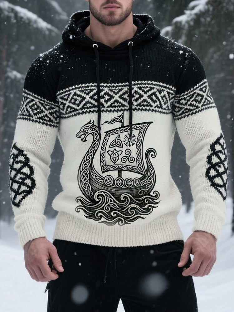 Comstylish Men's Viking Inspired Celtic Cozy Knit Hooded Sweater