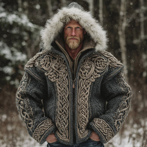 Comstylish Men's Vintage Viking Celtic Knot Cozy Fur Knit Hooded Cardigan