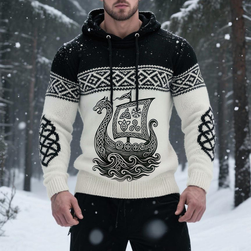 Comstylish Men's Viking Inspired Celtic Cozy Knit Hooded Sweater