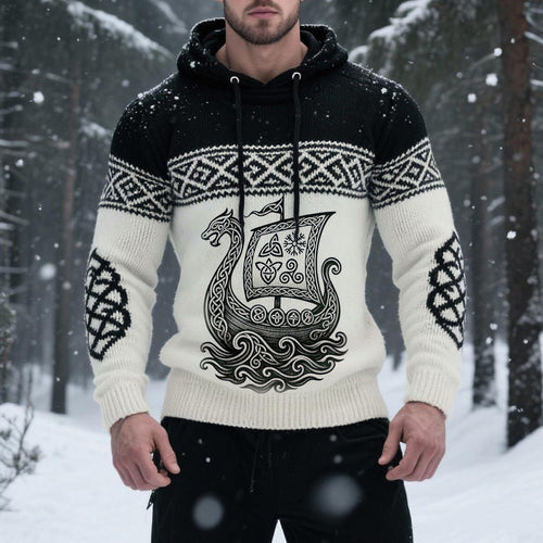 Comstylish Men's Viking Inspired Celtic Cozy Knit Hooded Sweater