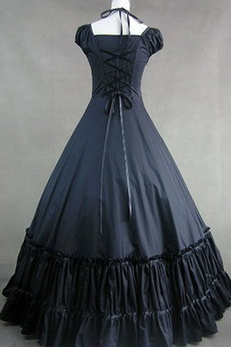 Black Cotton Cap Sleeves Floor Length Bowknot Cardigan Multi-Layer Pleats Victorian Gothic Lolita Strap Dress