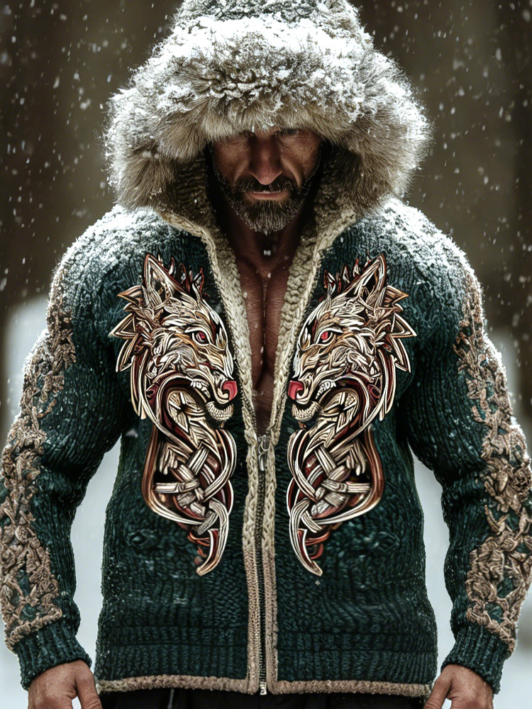 Wildwear Men's Retro Viking Wolf Embroidered Print Hooded Jacket