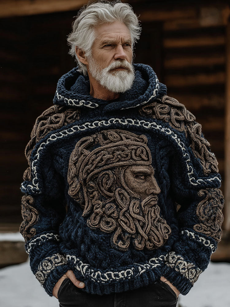 Comstylish Men's Vintage Viking Warrior Ivar The Boneless Art Pattern Casual Cozy Knit Hooded Sweater