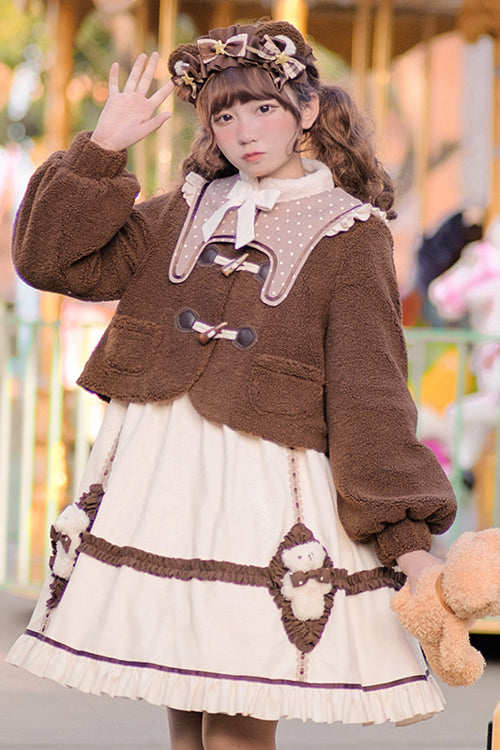Beige Round Collar Lantern Sleeves Cute Bear Sweet Lolita OP Dress