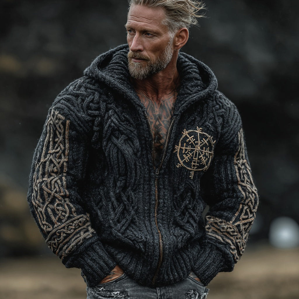 Wildwear Vintage Viking VegvÍsir Celtic Knot Full Zip Comfy Knit Hoodie