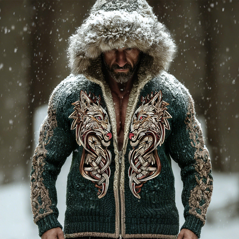 Wildwear Men's Retro Viking Wolf Embroidered Print Hooded Jacket