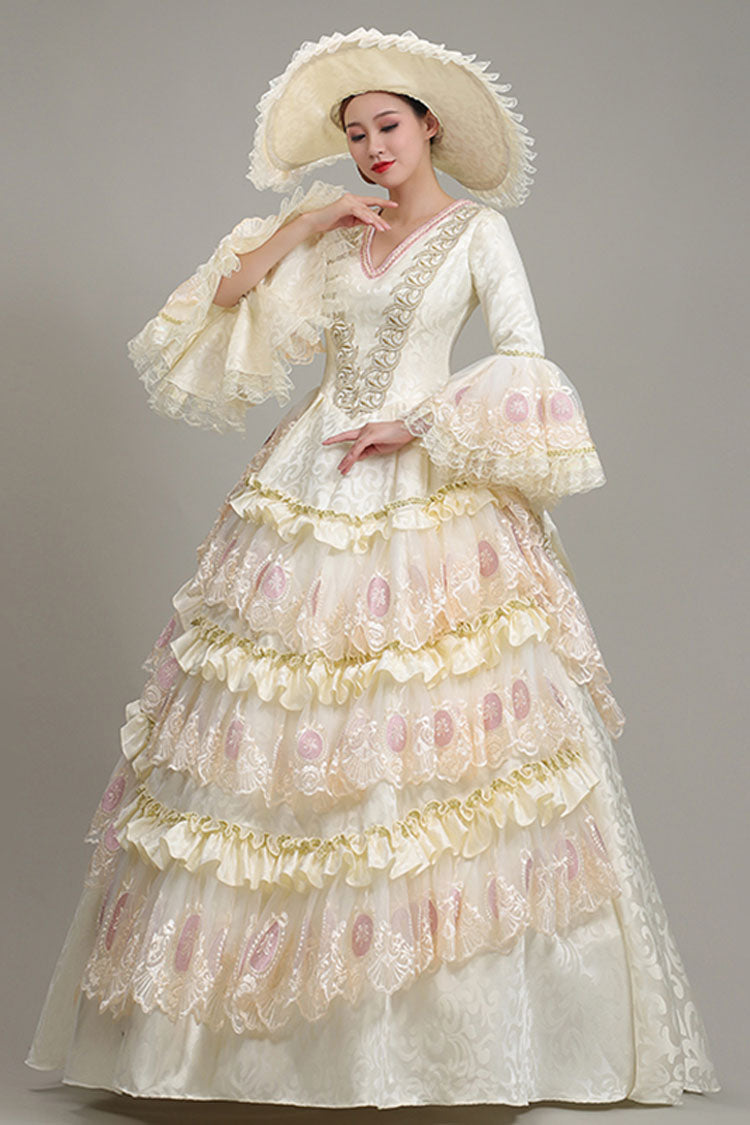 Beige Hime Sleeves High Waisted Lace Stitching Hollow Floral Print Ruffled Multi-Layer Victorian Lolita Prom Tiered Dress