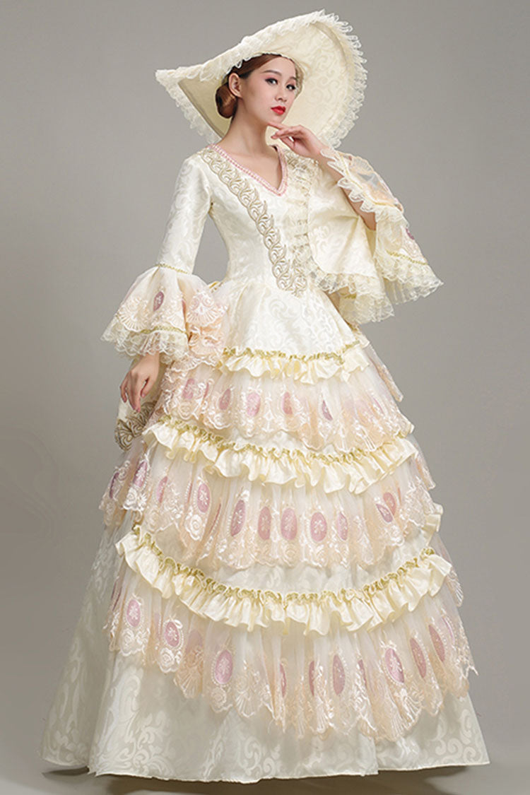 Beige Hime Sleeves High Waisted Lace Stitching Hollow Floral Print Ruffled Multi-Layer Victorian Lolita Prom Tiered Dress