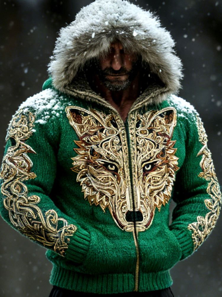 Wildwear Men's Retro Viking Wolf Embroidered Print Hooded Jacket